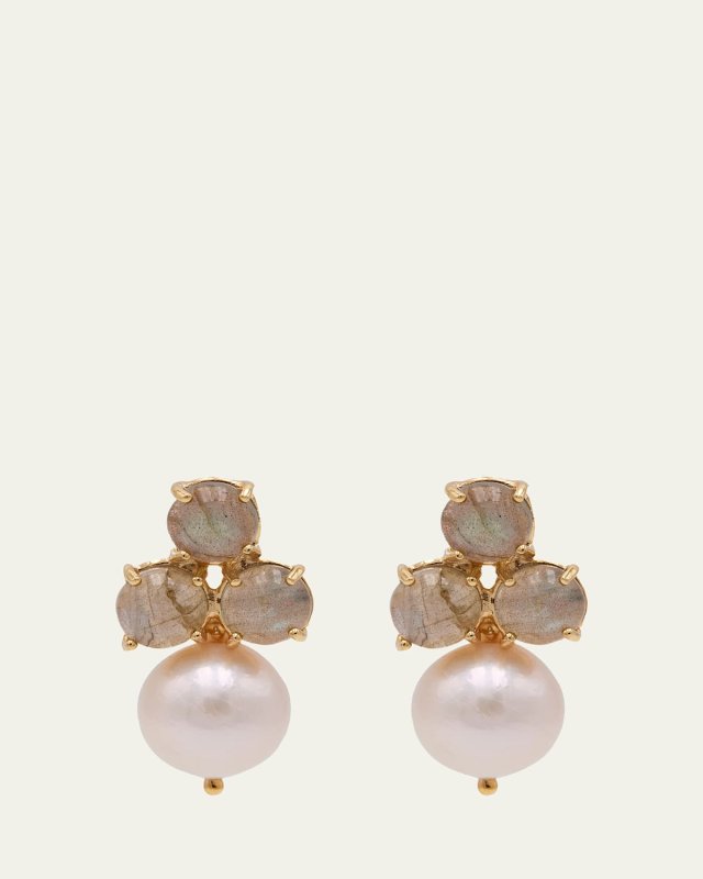 18K Yellow Gold Labradorite Tris and Freshwater Pearl Earrings